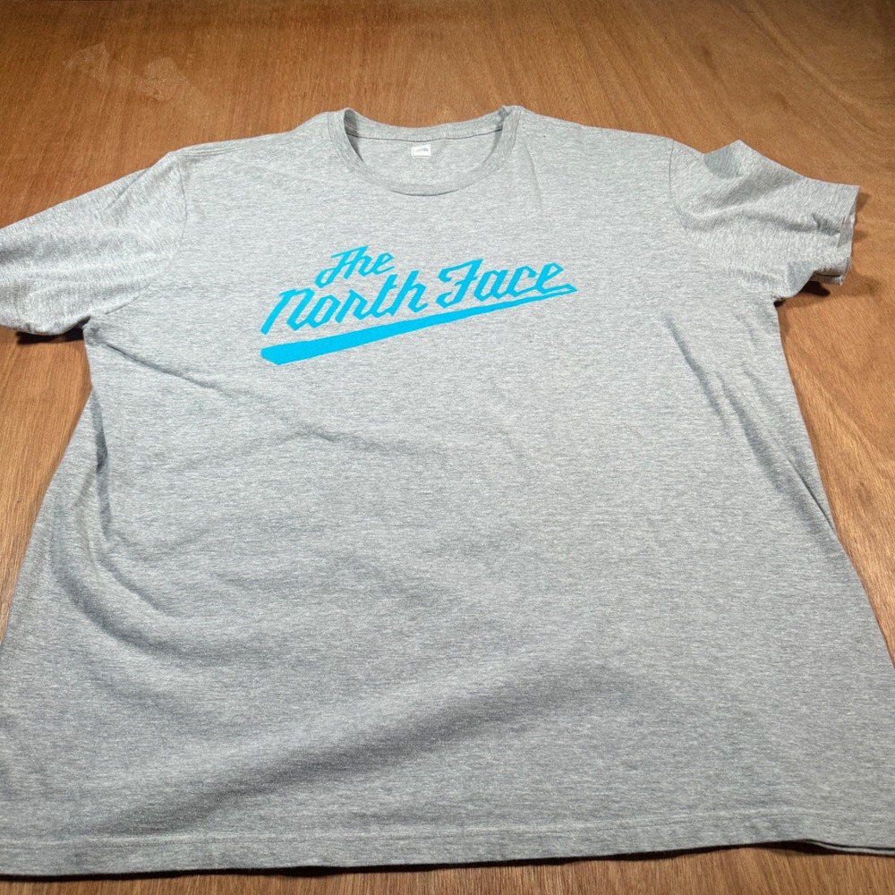 The North Face Graphic Tee Mens XXL Gray Blue Script Logo Short Sleeve Shirt
